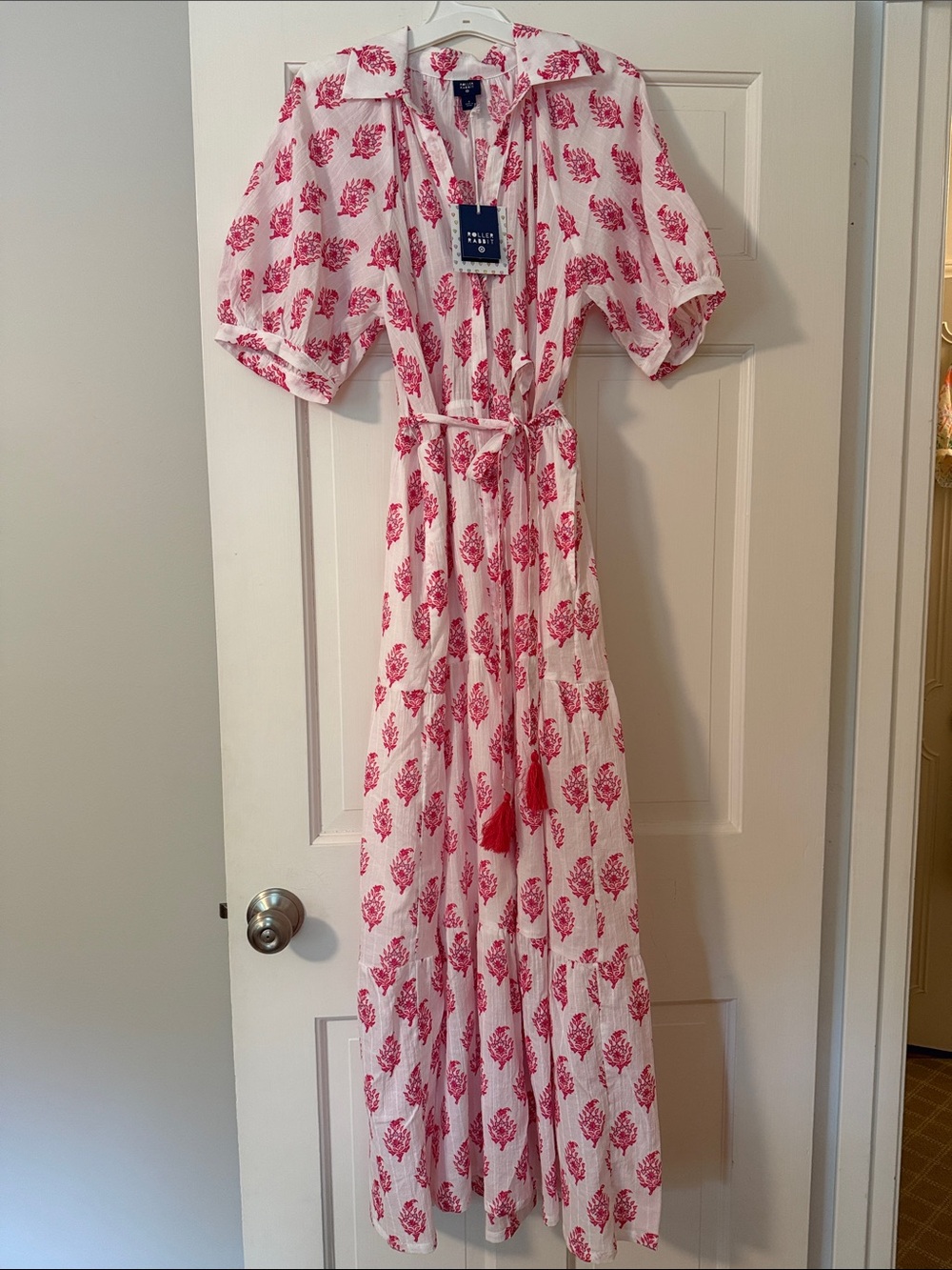 Roller Rabbit White Maxi Dress with Pink Floral Print